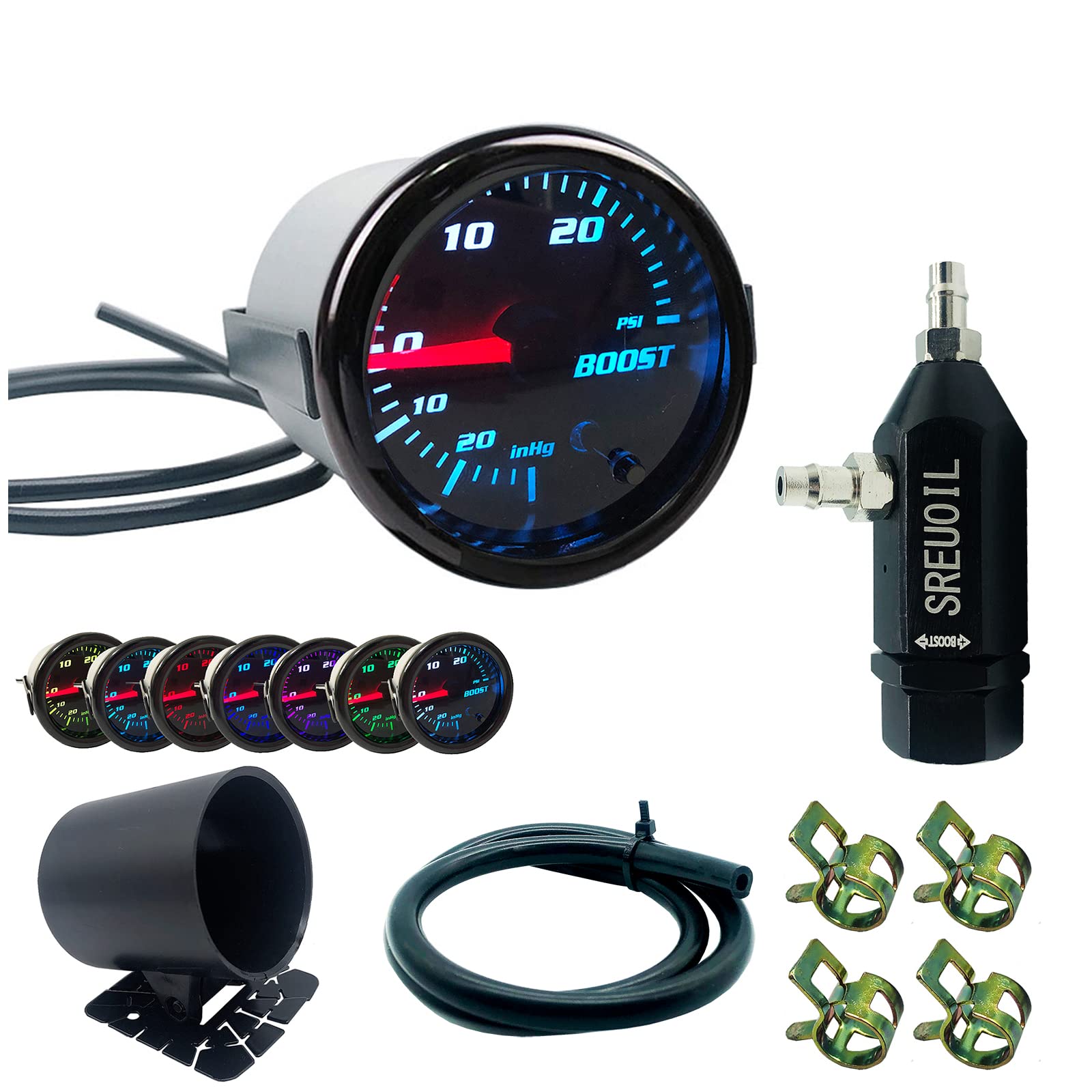 Photo 1 of 2" 52mm Turbo Boost Gauge 7 Color Adjustment Boost Meter with Universal 0-30PSI Manual Boost Controller Kit
