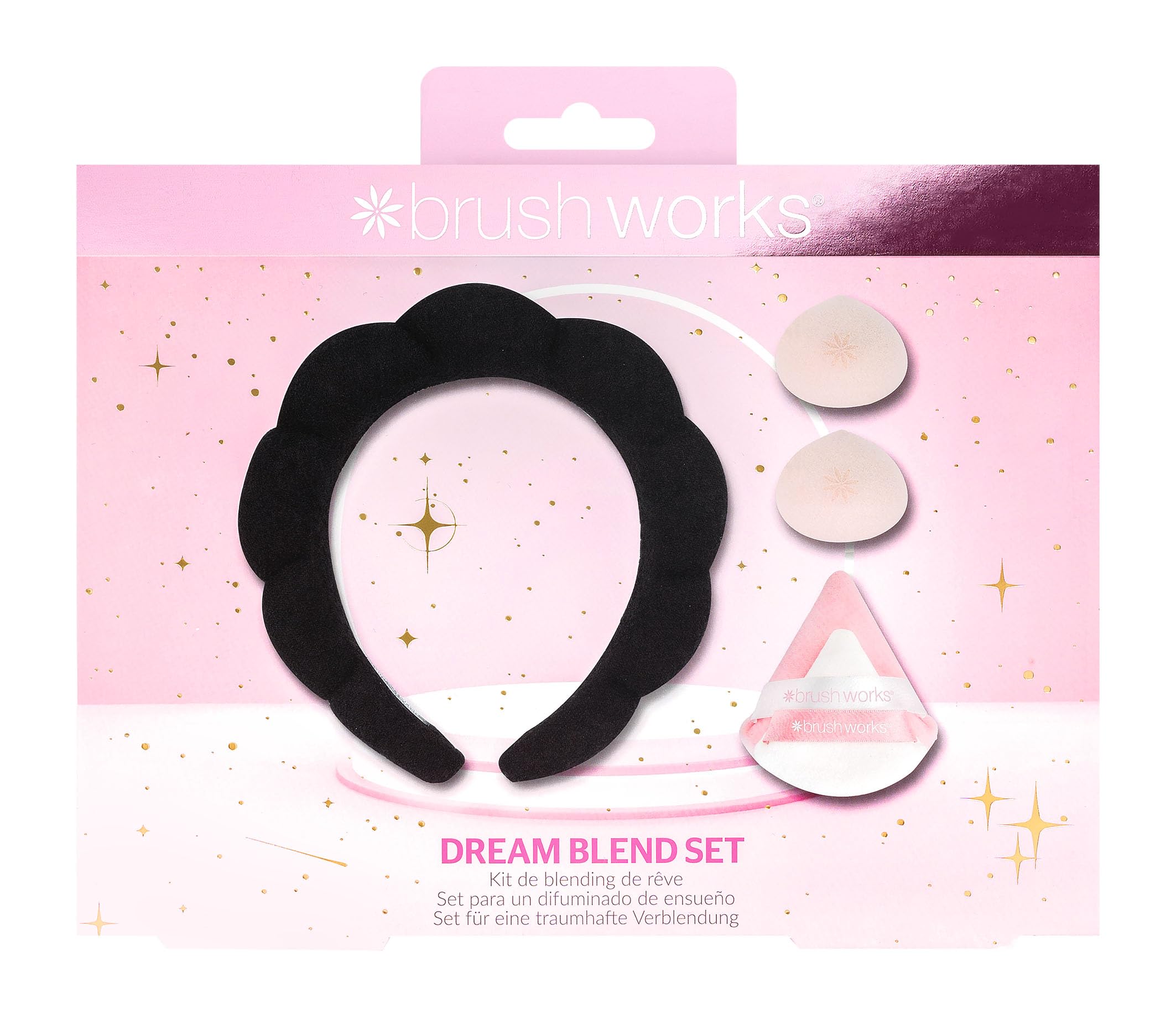 Brushworks Dream Blend Set (Black) – Squishy Cloud Headband, Foundation Blending Drops & Powder Puffs for Flawless Makeup Application and Airbrushed Results