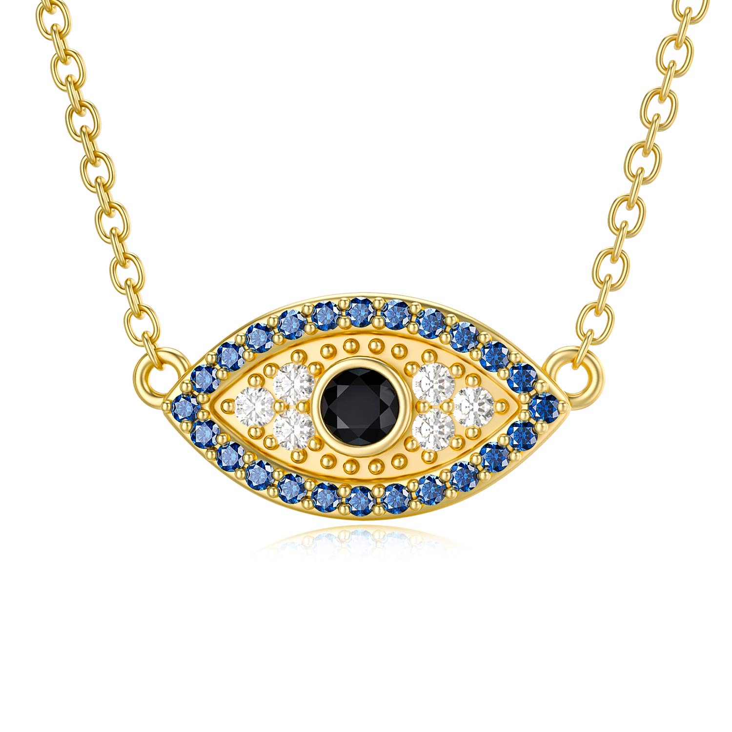 SISGEM 9 ct Gold Evil Eye Necklace, Solid Gold Small Turkish Princess Necklace with Cubic Zirconia, for Mum Sister Friend Women Her, 16+1+1inch