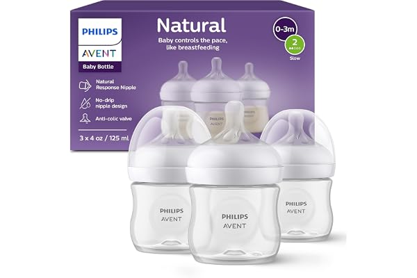Philips Avent Natural Baby Bottle with Natural Response Nipple (Slow Flow, Flow 2), 4oz, 3-pack, SCY900/03