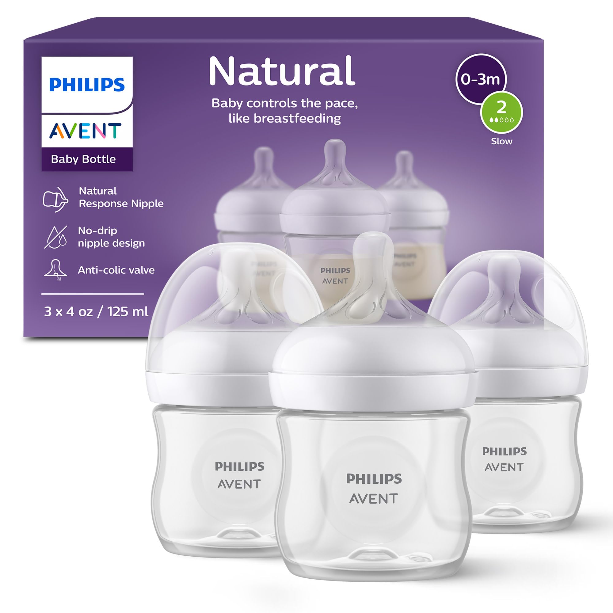 Avent - 3Pk Natural Baby Bottle With Natural Response Nipple, Clear, 4Oz Image