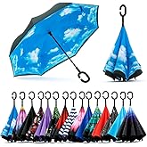 SIEPASA 49/56 Inch Inverted Reverse Upside Down Umbrella, Extra Large Double Canopy Vented Windproof Waterproof Stick Golf Umbrellas with C-shape Handle.