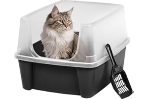 IRIS USA Large Cat Litter Box with Scatter Shield and Scoop, Open Top High Sided Cat Litter Pan, Black