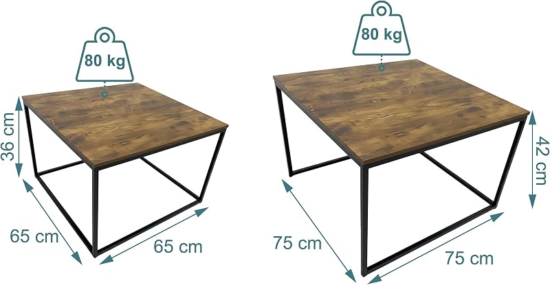 Conjunto de 2 mesas laterais, design industrial, 65/75 cm, Efeito Madeira e Metal, quadrado, castanho/preto