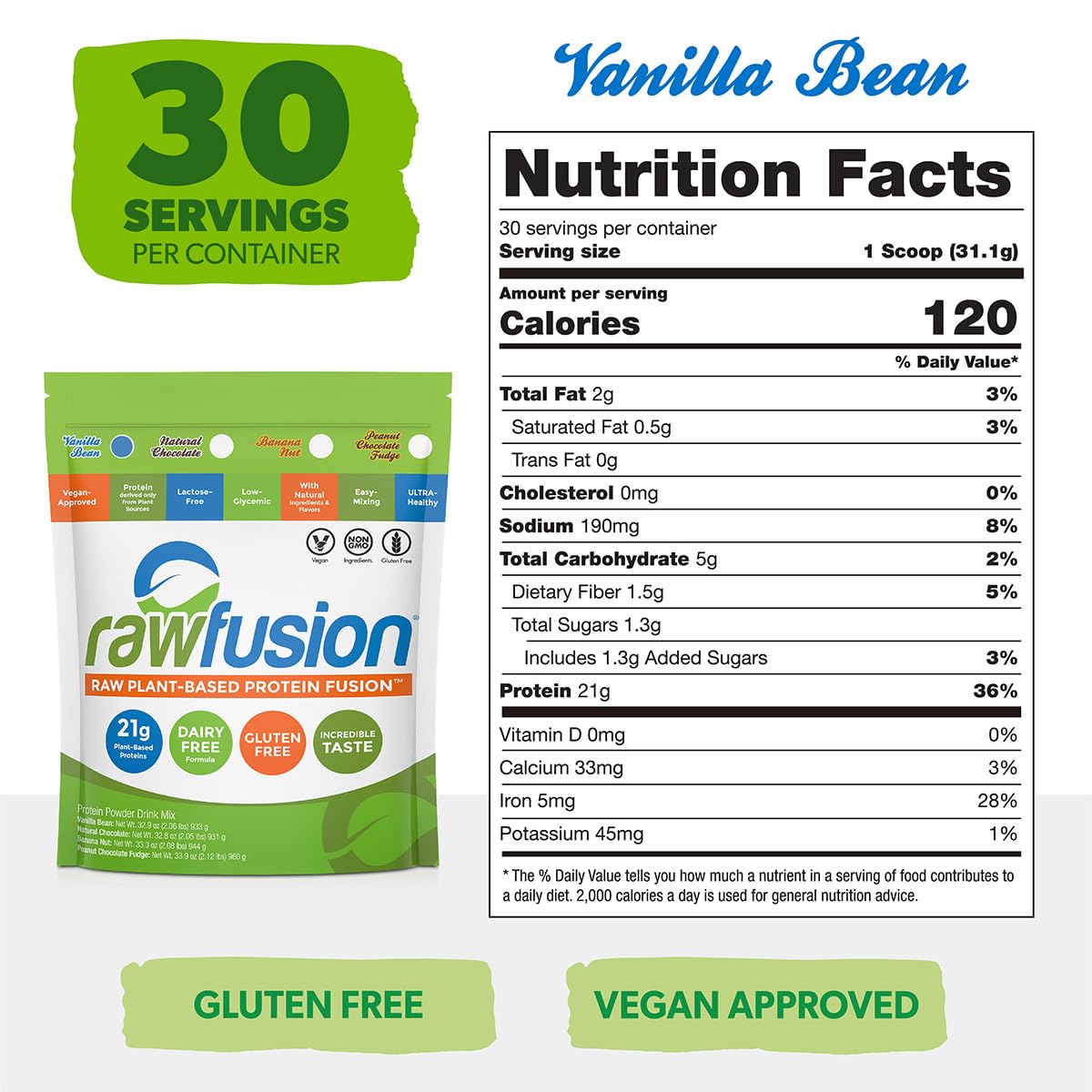 Rawfusion Vegan Protein Powder, Vanilla Bean – 30 Servings, 21g Plant-Based Protein, Low Net Carbs, Non-Dairy, Gluten-Free, Soy-Free, Kosher, Non-GMO, 2.06lbs