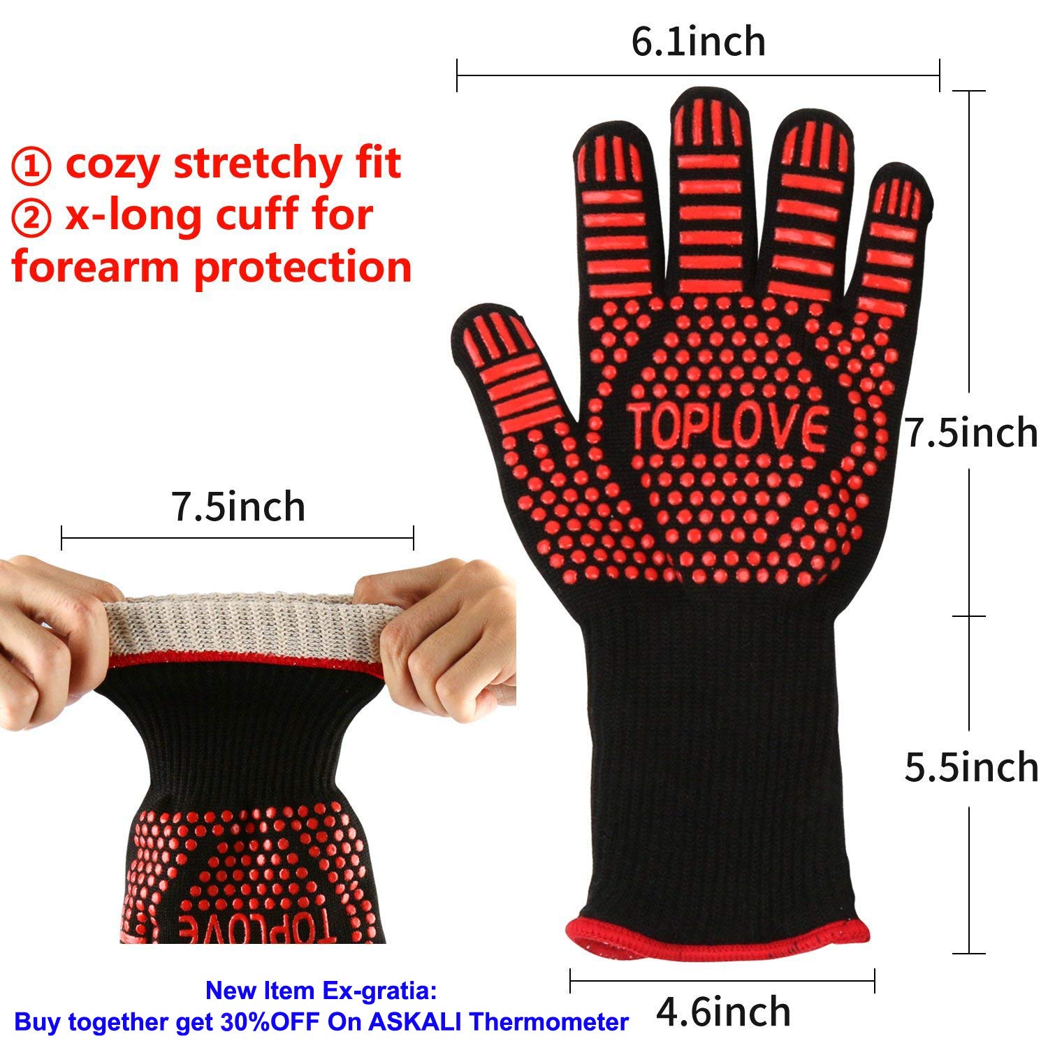 BBQ Cooking Gloves Heat-insulated Grill Glove - Kitchen Potholders Protective Oven Mitt, 932℉ Extreme Heat Resistant Grilling Glove for Baking - Heatproof Adiabatic Silicone Glove, 1 Pair (Red)