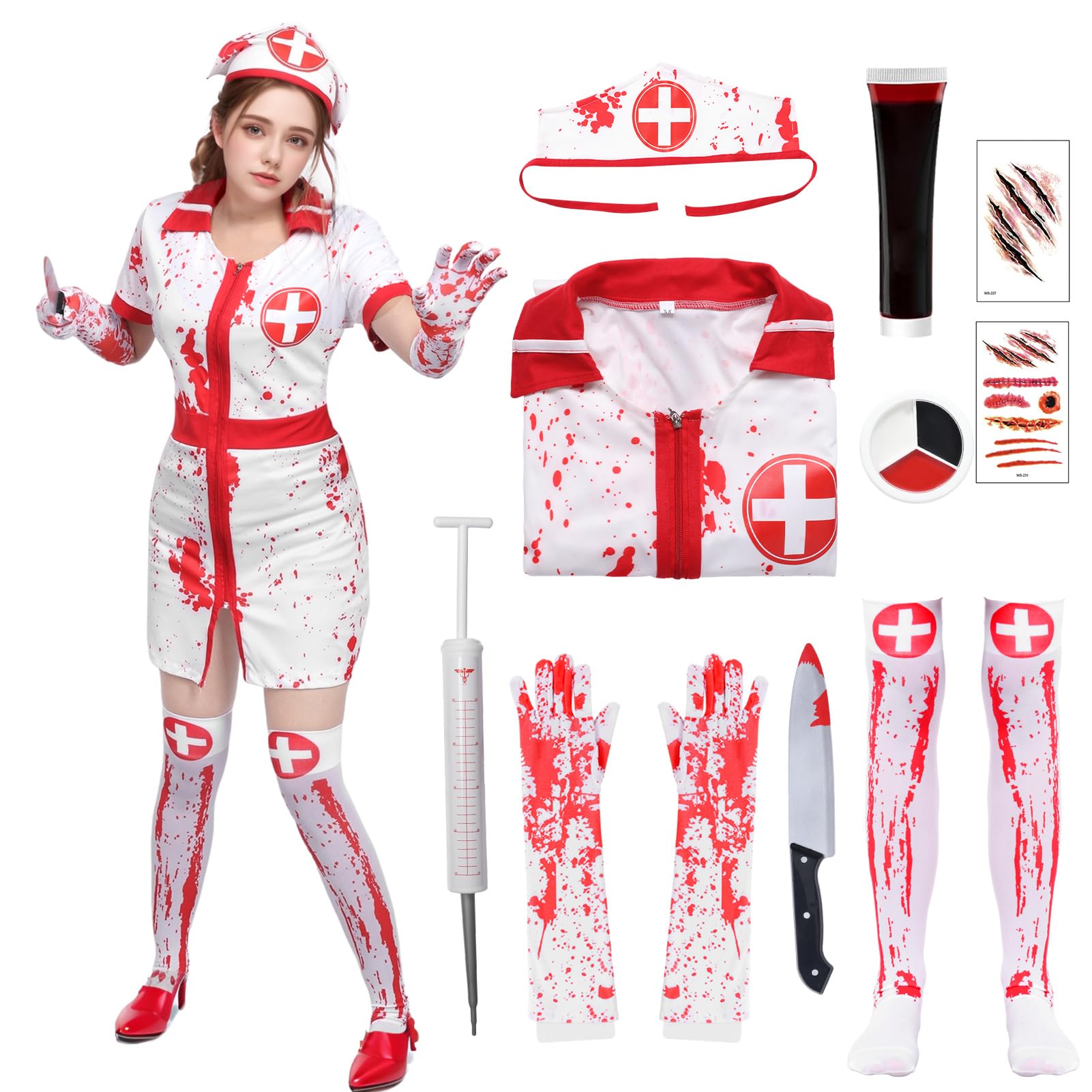 Matreeglam Bloody Nurse Costume Ladies, Nurse Dress With Hat, Cosplay Costume for Halloween Fancy Dress (White, L) — image 1