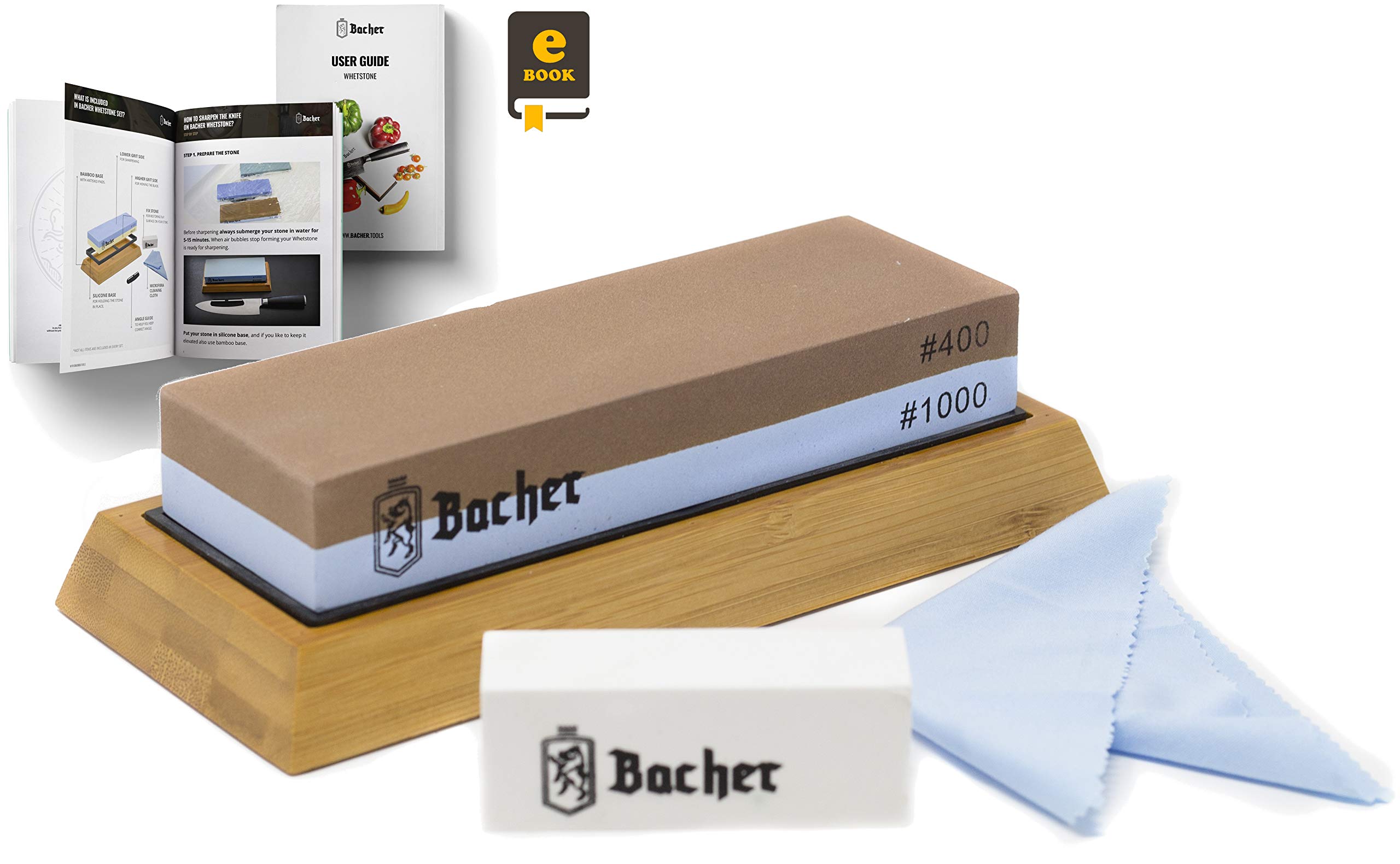 Bacher Premium Sharpening Stone. 2 Side Grit 400/1000 Whetstone - Knife Sharpener Waterstone with Non-Slip Bamboo Base, Flattening Stone and Detailed eBook Guide