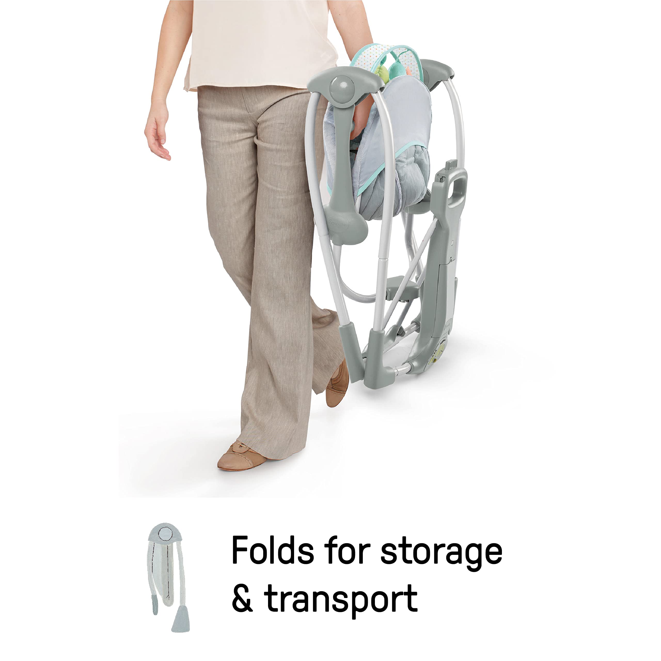 Ingenuity Swing 'n Go 5-Speed Baby Swing - Foldable, Portable, 2 Plush Toys & Sounds, 0-9 Months 6-20 lbs (Hugs & Hoots)