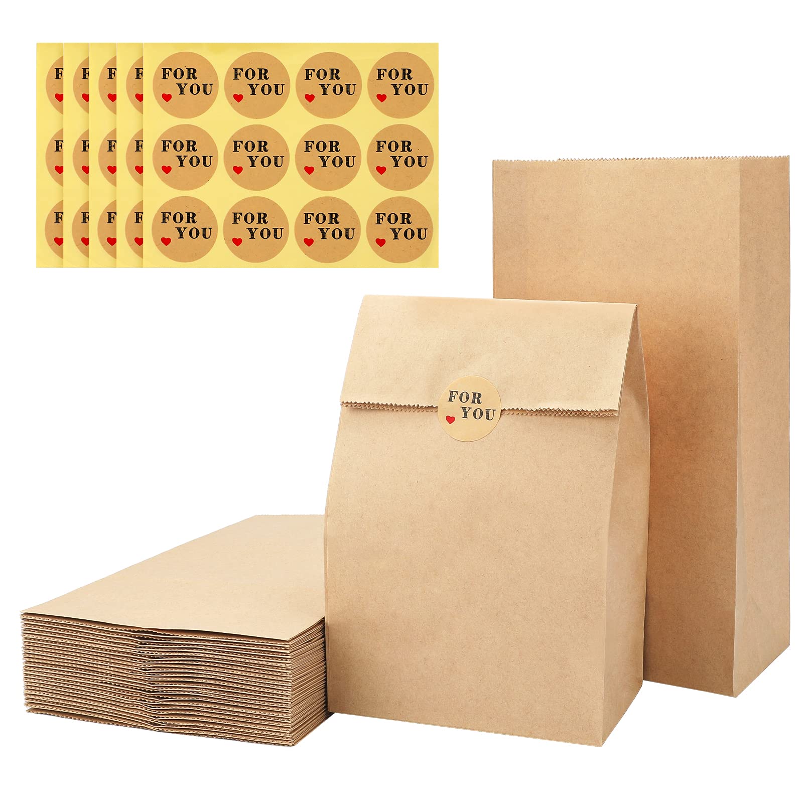 G2PLUS 50 Large Brown Paper Bags - 15.5x10x30 CM Kraft Candy Favor Bags with Stickers for Snack, Birthday, Wedding and Easter Xmas Party
