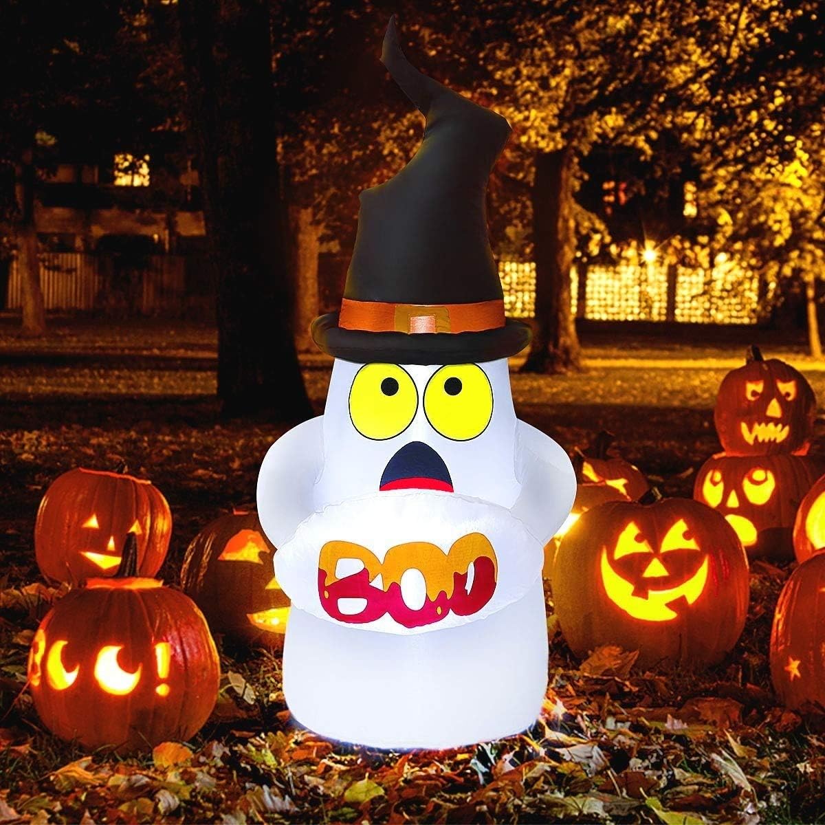 MAOYUEHalloween Inflatables 5FT Halloween Inflatables Ghost with Boo Blow Up Halloween Decorations Outdoor, Built-in LED Lights with Tethers, Stakes for Outdoor, Yard, Garden