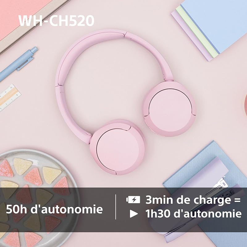 WH-CH520 - Casque Bluetooth sans Fil, Multipoint, Micro intégré - jusqu'à 50 Heures d'autonomie et Charge Rapide - Noir