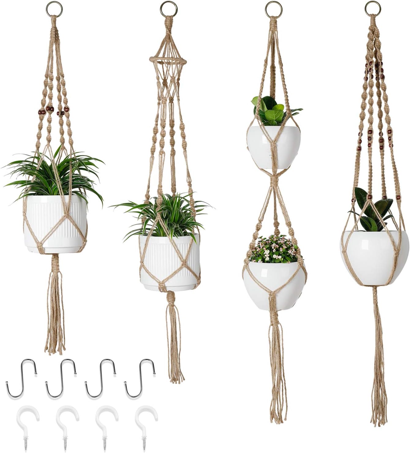 POTEY 620401 Macrame Plant Hangers - 4 Pack Hanging Planter Basket with 8 Hooks, Jute Indoor Hanging Plant Holder with Wood Beads,40''/43.3''/47.3''/47.3'',Brown: Garden & Outdoor