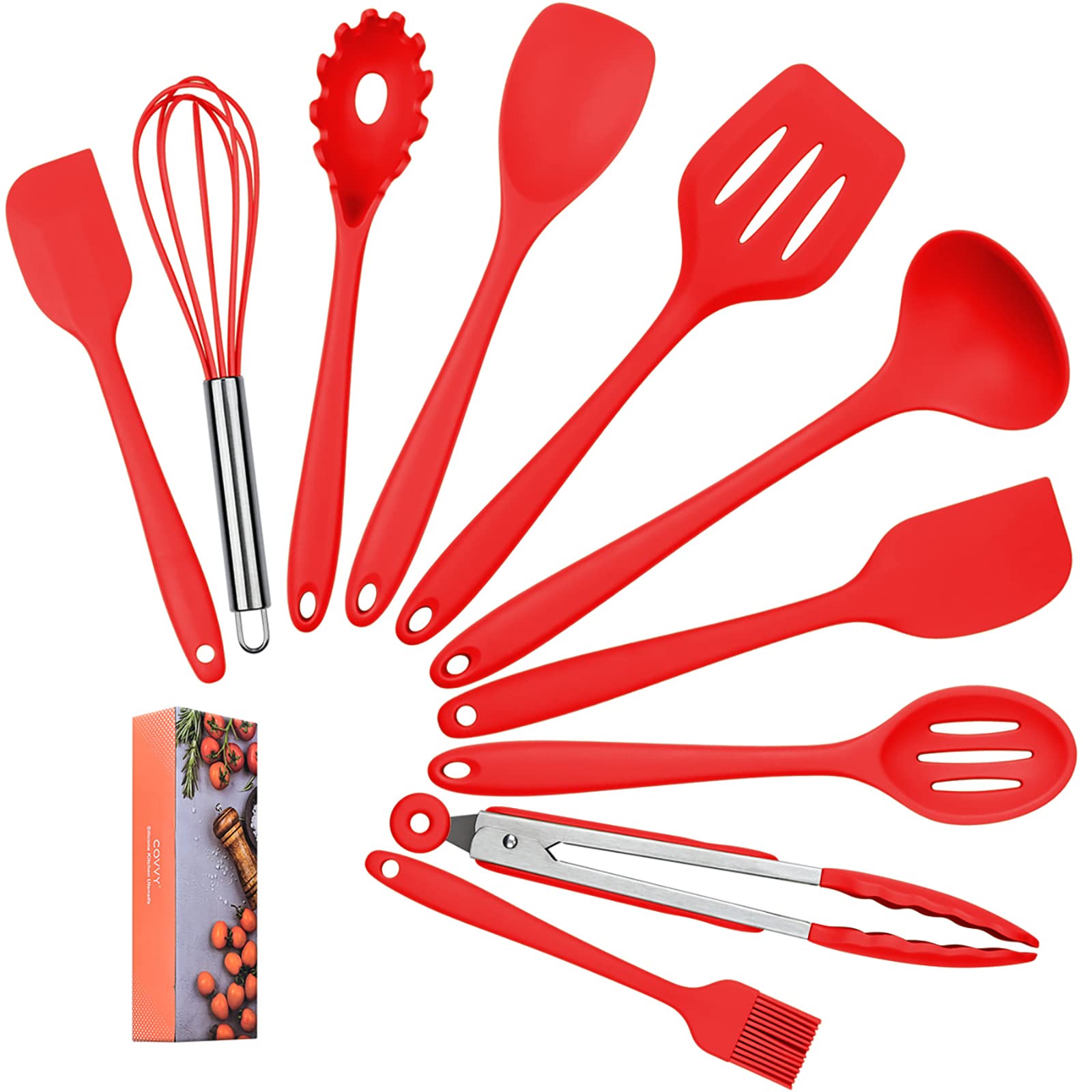 COVVY Home Silicone Kitchen Utensils Set(10 Piece) Heat Resistant Baking & Cooking Utensils Non Stick - Non Scratch Cooking Utensils Kitchen Good Helper (Red)