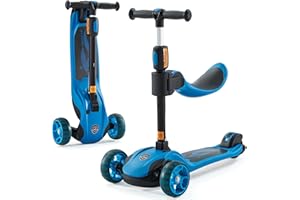 GLAMUP Kick Scooter Adjustable Height for Kids Ages 2-6 3 Wheel Scooter with LED Light and Extra Wide Deck ，Kids Scooter， Blue