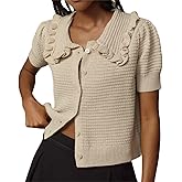 VAOYIU Women's Ruffle Collar Knit Cardigan Short Sleeve Button Down Sweater Top Vintage Cropped Ribbed Summer Outerwear