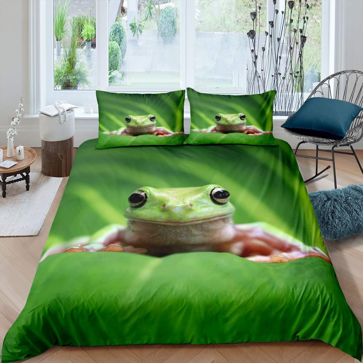 Frog Bedding Set Tropical Amphibian Comforter Cover 3D Animal Duvet Cover for Boys Girls Children Teens Green Bedroom Decor Tropical Nature Bedspread Cover Double Size With 2 Pillow Case