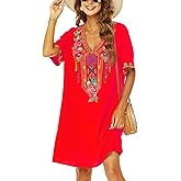 AK Caftan Boho Embroidered Dress for Women V-Neck Short Sleeve Mexican Floral Beach Cover Ups Midi Dress