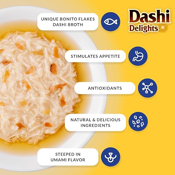 INABA DASHI DELIGHTS FOR CATS, SHREDDED CHICKEN WITH BONITO FLAKE BROTH, 2.5 OUNCE CUP, 12 CUPS TOTAL, CHICKEN VARIETY