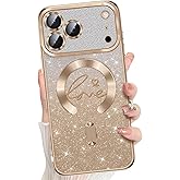 Misscase Magnetic Glitter Case for iPhone 17 Pro,Gradient Love Hearts Plating Phone Case Compatible with MagSafe,Built-in Camera Lens Protector,Cute Full Cover Protection Case for Women-Gold