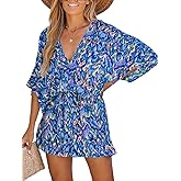 CUPSHE Women's Summer Romper Lace Up Printed Half Sleeves Casual Wide leg Vacation Outfit Mini One Piece Jumpsuit