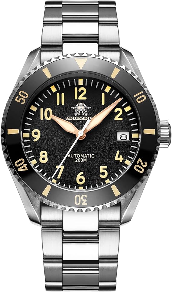 ADDIESDIVE Pilot Watch Diver 200M Black Textured Dial Vintage Luminous