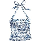 WDIRARA Women's Floral Print Halter Top Ruched Tie Backless Sleeveless Boho Crop Tops