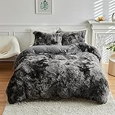 Wajade Faux Fur Plush White Comforter Set Fluffy Fuzzy Shaggy Bedding Set - 3PC Full/Queen Microfiber Soft Warm Quilt Set (Tie Dye Dark Grey, Queen)
