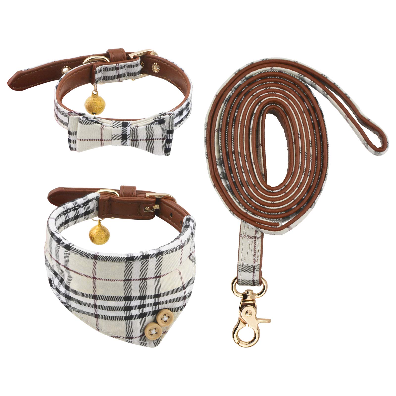 HACRAHO Bow Tie Dog Collar and Leash Set, 3 PCS Adjustable Collars Bowtie Bandana with Bell for Puppy Cats Classic Plaid Bandana Necktie for Dogs, Puppies and Cats Outdoor Walking