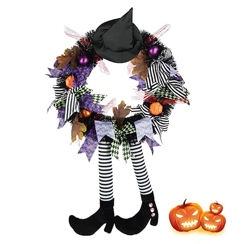 SHAVINGFUN Halloween Decorations,Halloween Wreath,Halloween Witch Wreath Black Wreath with Hat Witches Legs Pumpkin,Indoor Outdoor Home Halloween Decor