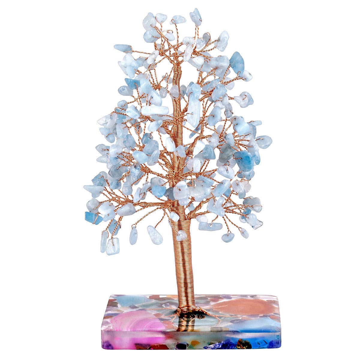 KYEYGWO Aquamarine Crystal Tree with Agate Slices Resin Base Reiki Healing Money Tree for Wealth and Luck