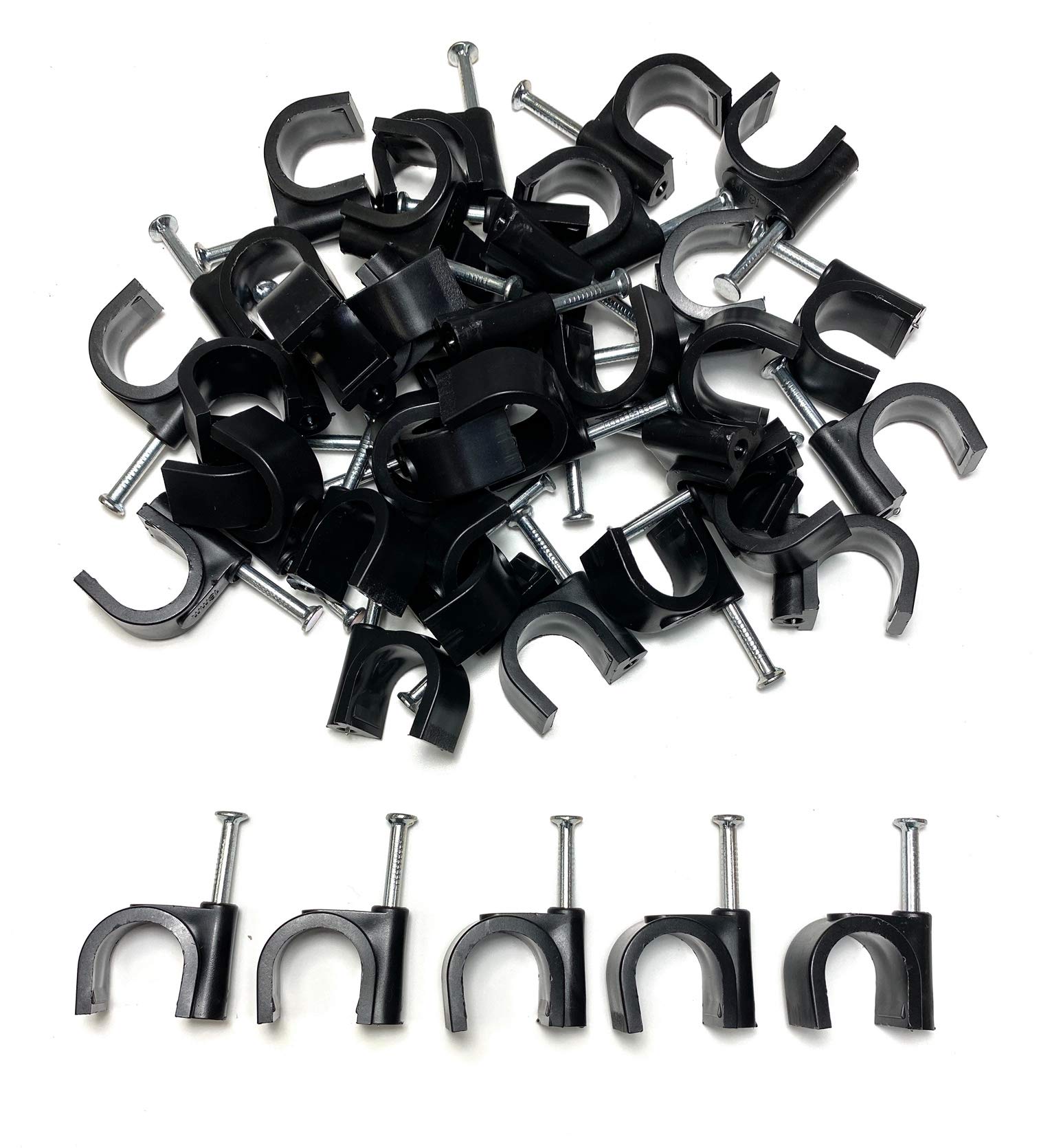 TR Cable® Pack of 50 Round Black Cable Clips with Strong Nails - Durable & Versatile - Ideal for Indoor/Outdoor Cable Management, 16mm