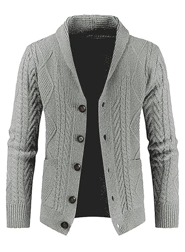 JMIERR Cardigan Sweaters for Men Fall Casual Long Sleeve Shawl Collar  Button-Down Cable Knit Sweater with Pockets,US 43(L),Light Grey in Oman  Whizz