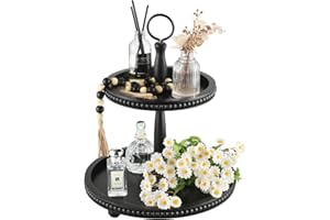 SYNCVIBE Beaded Tiered Tray Stand, Rustic Wooden 2 Tier Decorative Tray with Bead Garland, Farmhouse Round Wood Serving Tray Counter Centerpiece for Coffee Bar Home Decor Holiday Housewarming Gifts (Black)