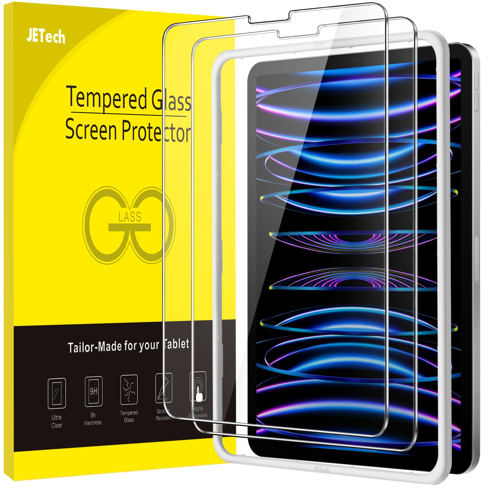 JETech Screen Protector for iPad Pro 12.9-Inch (2022/2021/2020/2018 Model, 6th/5th/4th/3rd Generation) with Easy Installation Frame, Tempered Glass Film, HD Clear, 2-Pack — image 1