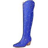 RONILURN Women Rhinestone Over the Knee Cowboy Boots, Sparkly Bling Cowgirl Boots Western Thigh High Boots Pull-On Side Zippers Chunky Heel Pointed Toe Size5-12 For Fashion&Daily
