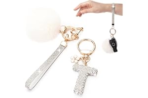 HONYJOOM Initial Letter Keychain for Women Girl Bling Rhinestone Sparkly Bag Backpack Purse Charm Cute Pom Pom Key Chain Wristlet