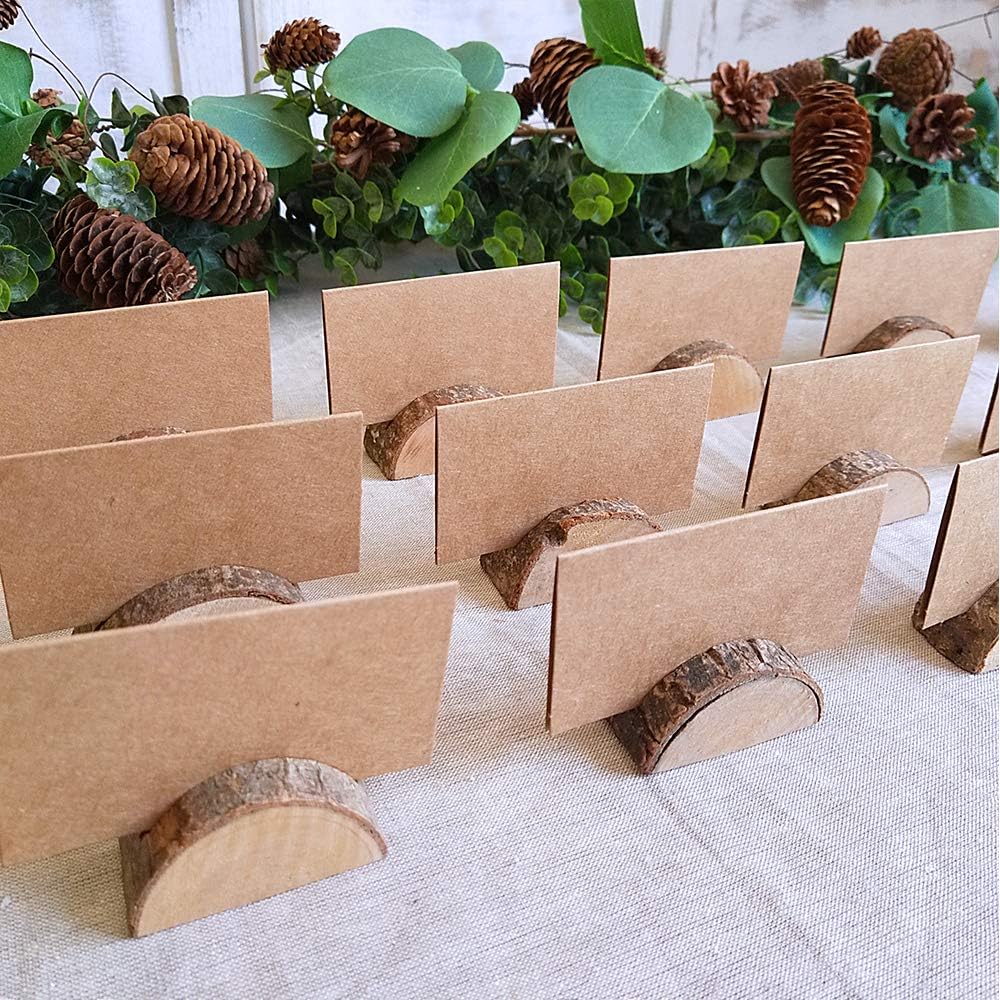 Supla 20 Pcs Rustic Wood Wedding Place Card Holders with 30 Pcs Kraft Tented Cards Half-Round Table Numbers Holder Stand Wooden Memo Holder Card Photo Picture Note Clip Holders Escort Card Holder: Home & Kitchen
