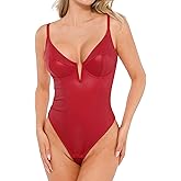 Popilush Body Suits for Womens Tummy Control - Faux Leather Bodysuit Deep V Neck Thong Sleeveless Corset Tank Top