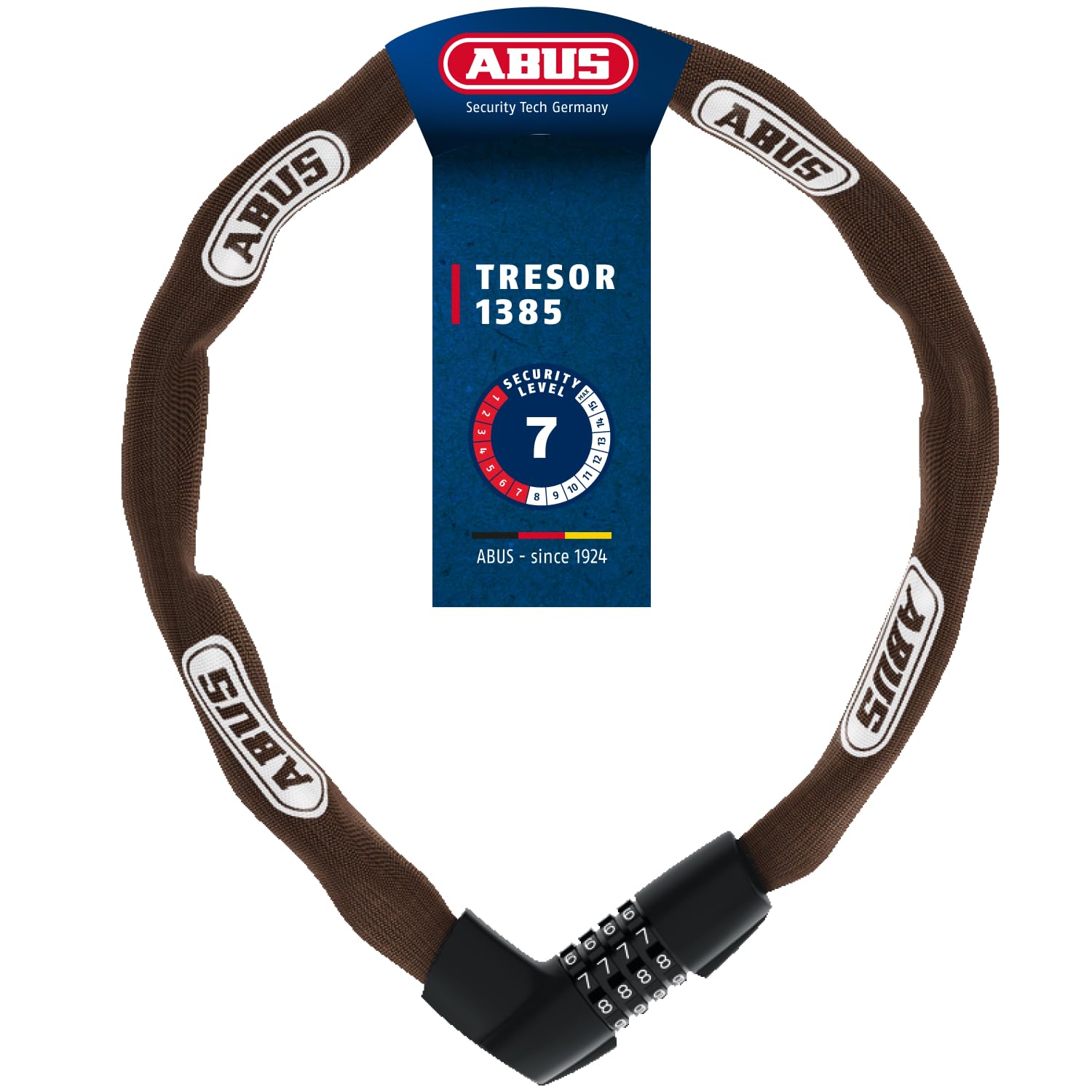 ABUS Kettenschloss Tresor 1385 – Zahlenschloss aus gehärtetem Stahl – 7 mm starke Vierkantkette – ABUS-Sicherheitslevel 7 – 85 cm – Braun