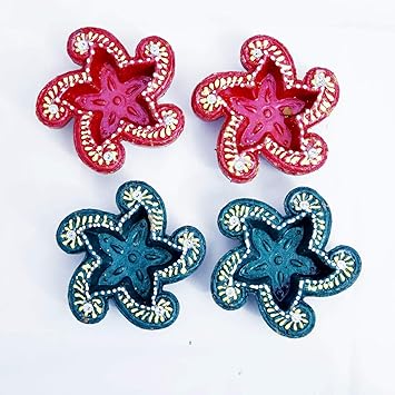 Jaiswal Traders Diwali Diya Set of 4 Handmade Earthen Clay Terracotta Decorative Dipawali Diya Diwali with Wax Oil Lamps for Pooja Diwali Deepak Fancy Diya for Rongali