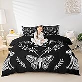 Castle Fairy Moth Animal Theme Duvet Cover Queen Size,Gothic Skull Boho Comforter Cover with 2 Pillowcase for Adults,Black and White Skeleton Decorative Soft Bedding Set,No Comforter