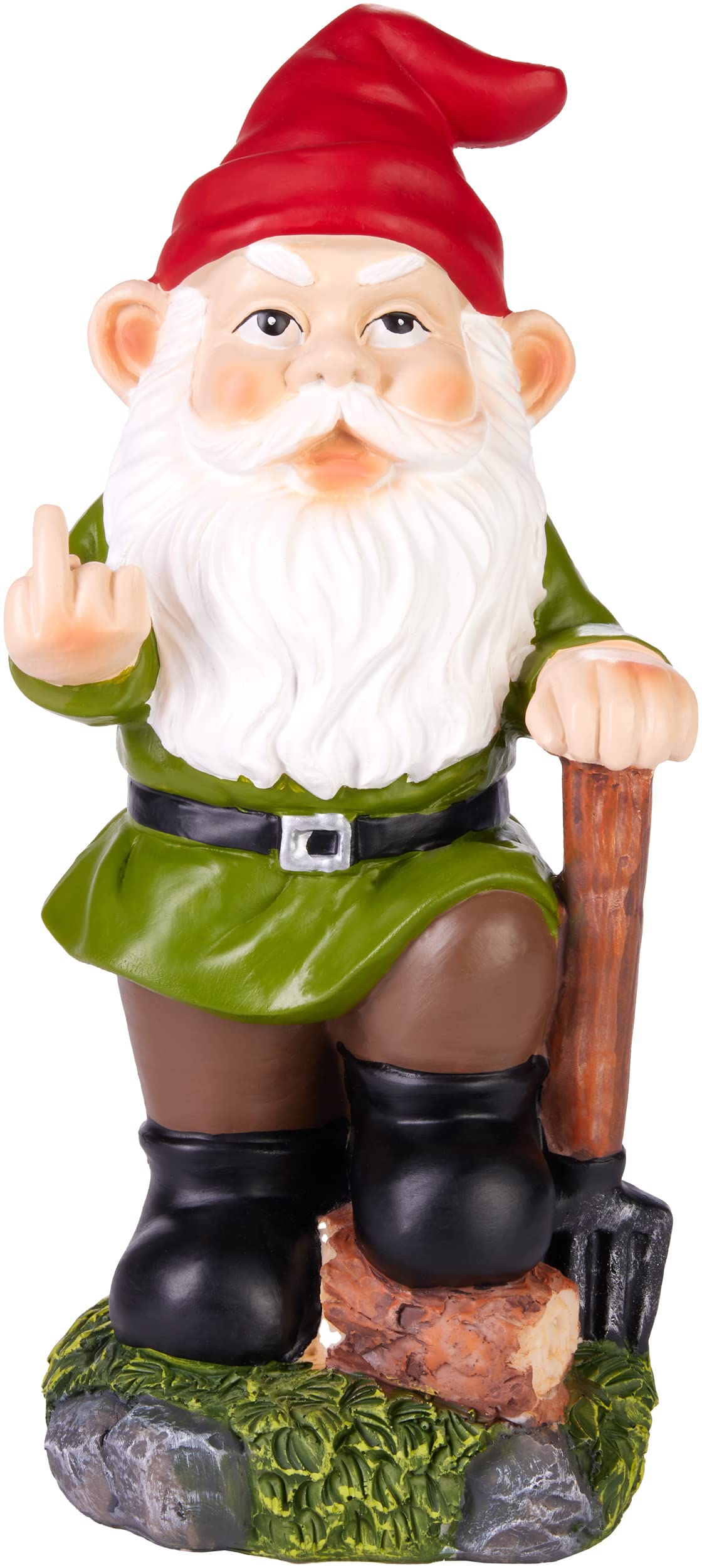 BRUBAKER Garden Gnome with Middle Finger - Rude Gnome with Spade Showing Middle Finger - Funny Garden Figurine - Waterproof Decoration for Garden Camping and Outdoor - 9.5 inches tall