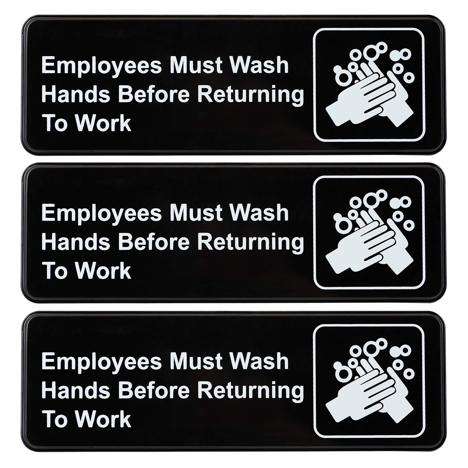 Excello Global Products Employees Must Wash Hands Before Returning to Work Sign: Easy to Mount Plastic Safety Informative Sign with Symbols Great for Business, 9"x3", Pack of 3