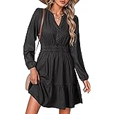 Simplee Womens Fall Denim Dress Casual Long Sleeve V Neck Empire Waist Ruffle A Line Flowy Short Jean Dresses with Pockets