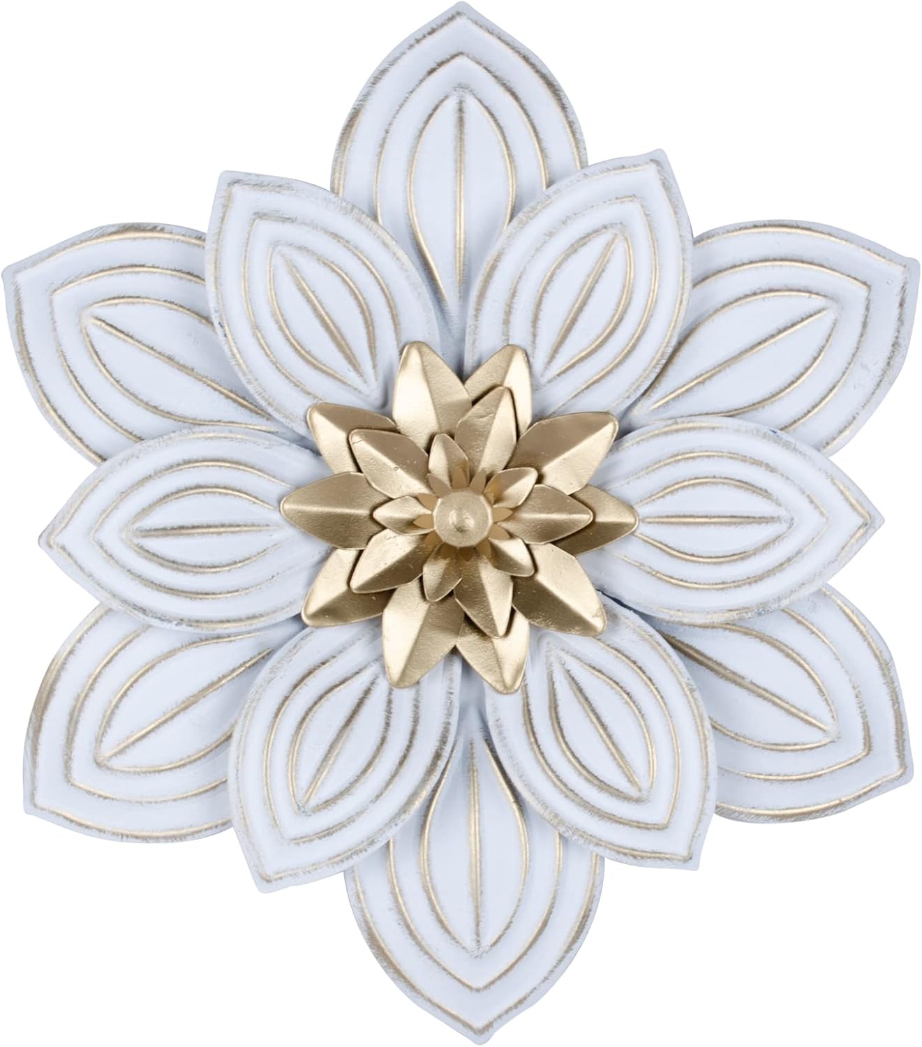 Plaques & Wall Art - 10.5'' Metal Flower Wall Decor, Metal Floral Wall Sculpture for Patio, Yard, Garden Fence Art, Farmhouse Rustic Hanging Decoration with White Brush Gold Finish - Mother's Day Gift