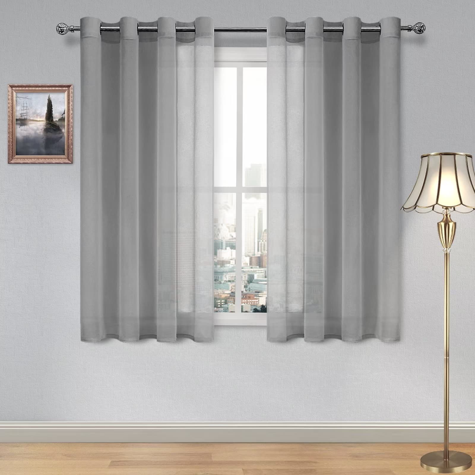 DWCN Grey Sheer Curtains Textured Semi Transparent Eyelet Top Decorative Voile Curtain for Living Bedroom, 55" Wide x 69" Drop, 2 Panels