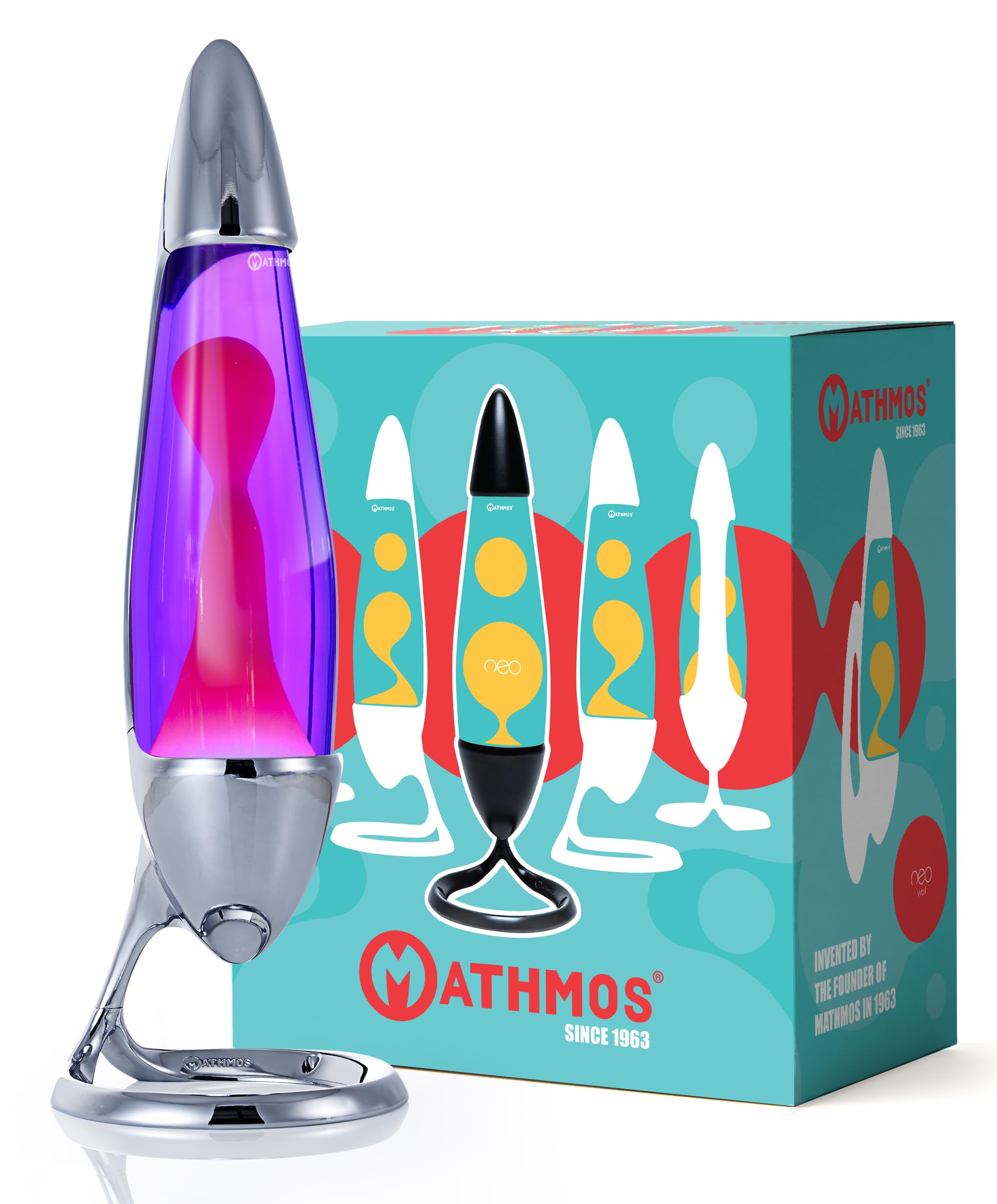 MATHMOS Neo Lava Lamp in Silver, Tested Safe for Kids | Violet & Pink Lava Lamps with Lower Running Temperature and Integrated Safety Features | Long-Lasting Lava Lamps Hand-Filled in Britain