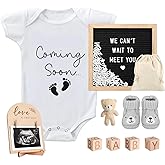 9 Pcs Pregnancy Announcements Set, Include Felt Letter Board Baby Bodysuit Shoes and Wooden Sign Surprise Announcement for Grandparents Partner Gift Family Reveal(White Coming soon-grey shoe)