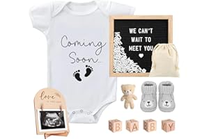 SYTUHETE 9 Pcs Pregnancy Announcements Set, Include Felt Letter Board Baby Bodysuit Shoes and Wooden Sign Surprise Announcement for Grandparents Partner Gift Family Reveal(White Coming soon-grey shoe)